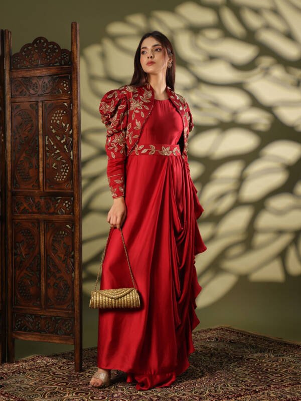 Indo-Western Drape With Zardozi Work in Bomber Satin Deep Red