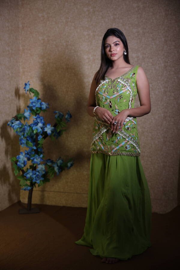 Sharara Suit With Mirror and Kodi Work in Georgette Green