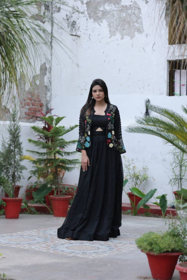 Anarkali With Jacket With Floral Resham Work in Organza Black