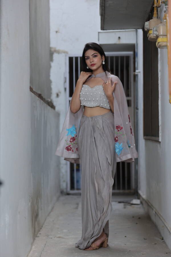 Indo-Western Drape With Handpainted Motifs and Pearl Work in Opada Silk & Organza Grey