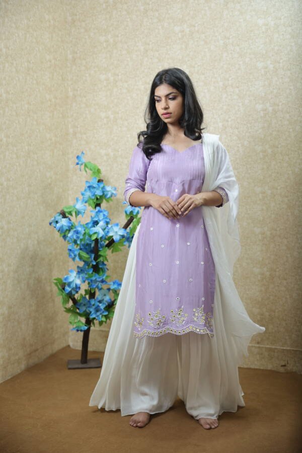 Sharara Suit With Mirror Work in Opada Silk & Georgette Lavender & White