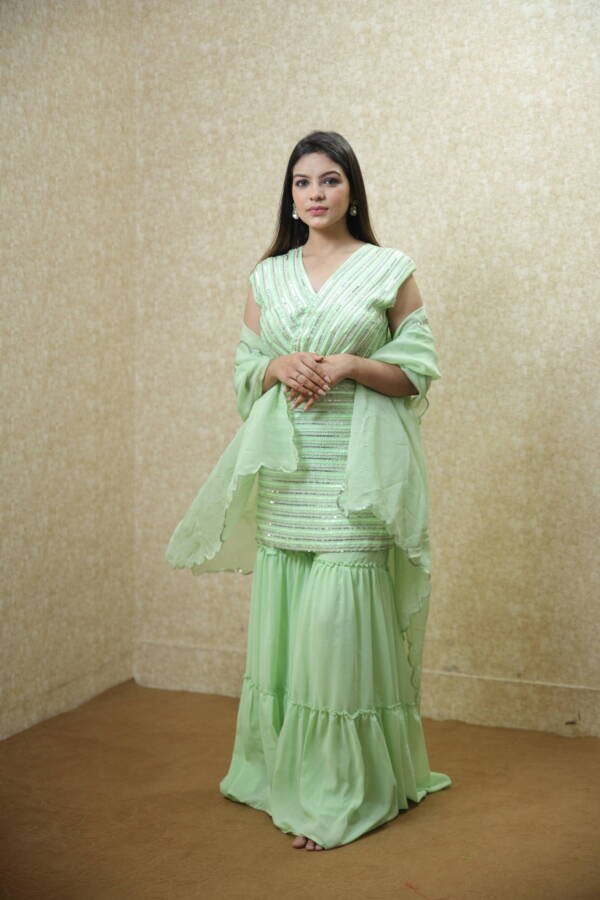 Sharara Suit With Sequin & Bead Work in Opada Silk & Organza Mint Green