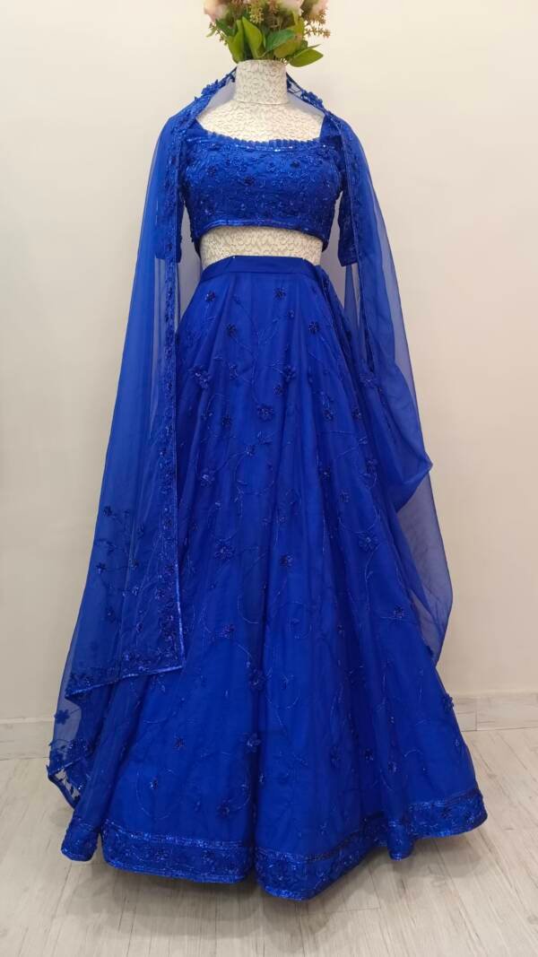 Lehanga With 3D Applique Flowers With Bead & Sequin Embroidery in Organza Royal Blue