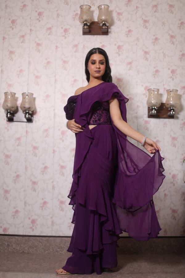 Indo-Western Drape Saree With Corset Blouse in Organza Deep Purple
