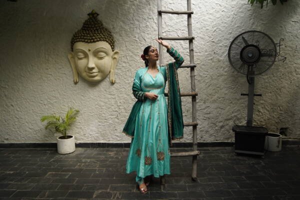 Ankle Length Anarkali Suit With Lotus Motifs Ombre Sleeves in Opada Silk Green