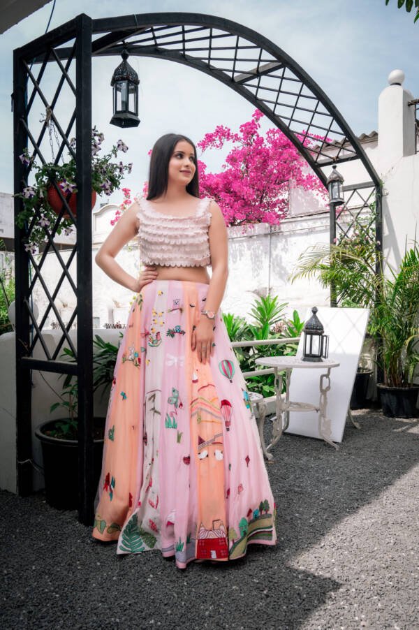 Lehanga With Quirky & Vibrant Resham Work in Organza Pastel Pink Peach