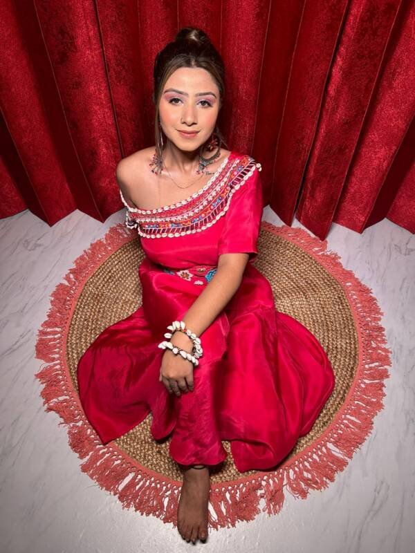 Jump Suit One Shoulder Style With Vibrant Resham and Shells Embroidery With Belt in Opada Silk Fuchsia Pink