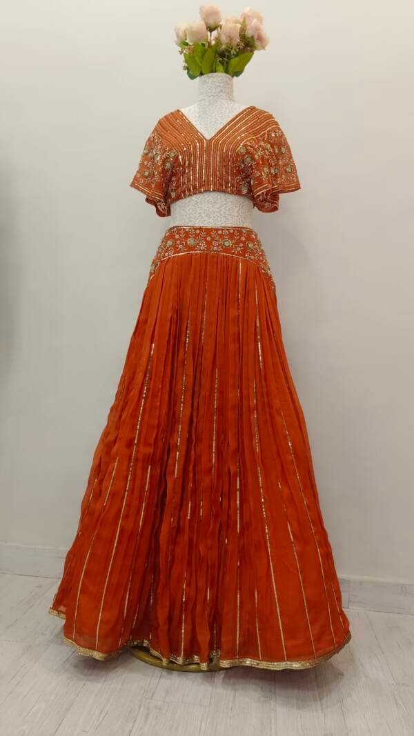 Lehanga With Golden Embroidery in Organza Burnt Orange