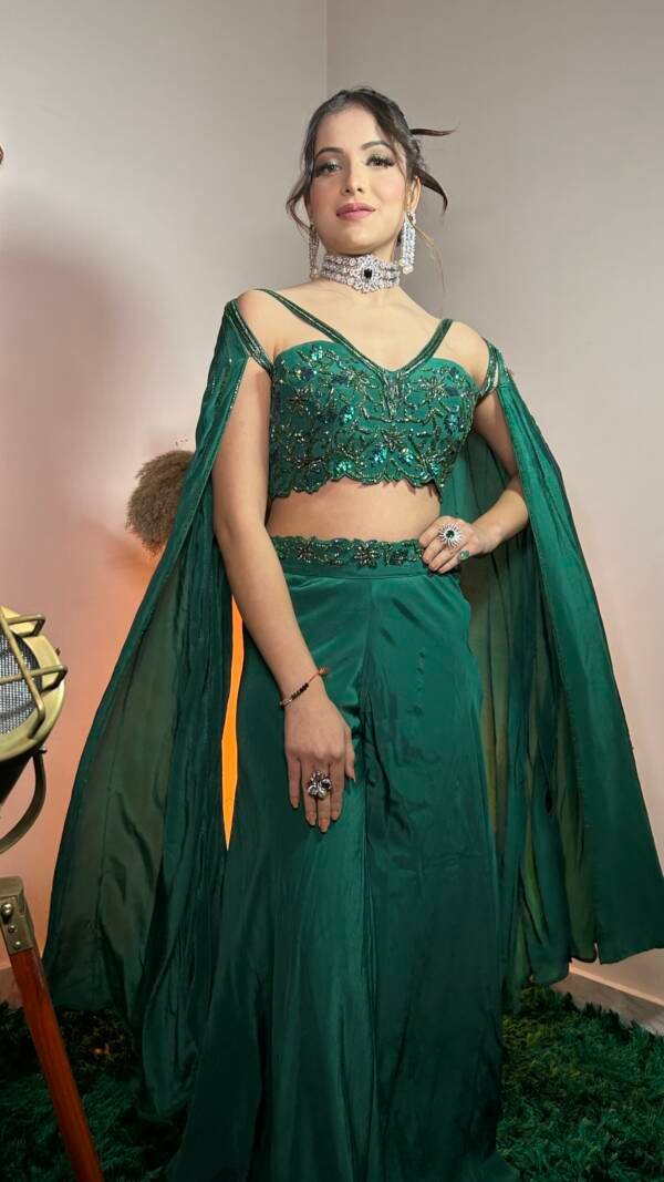 Indo-Western Co-ord Set With Modern Bead & Sequin HandWork in Crepe Bottle Green