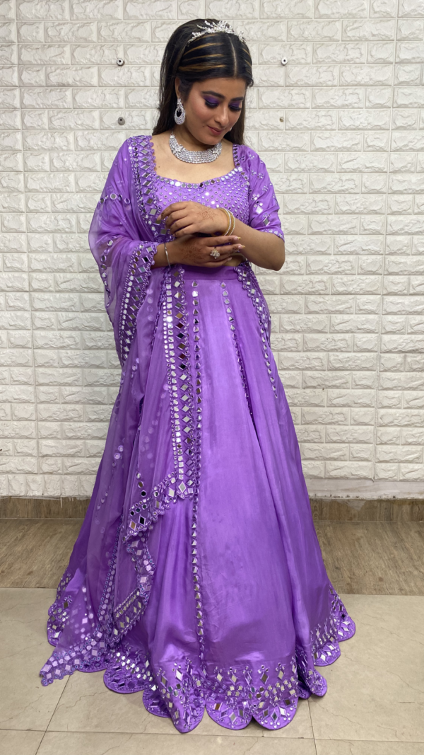 Lehanga With Mirror Work in Raw Silk and Organza Lilac Purple